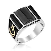 Silver Black Stone Crescent Star Men's Ring